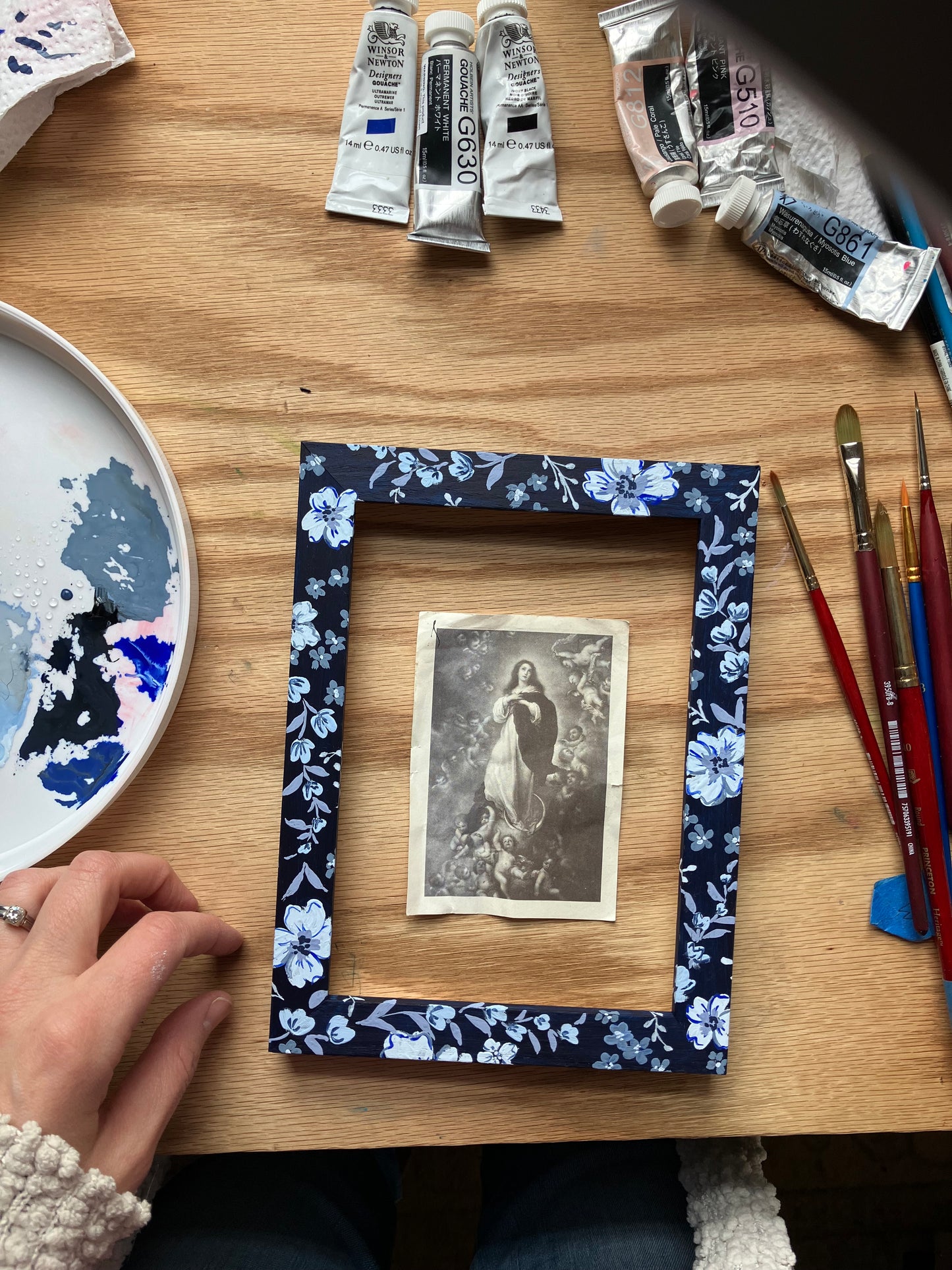 Blue Floral Hand-painted Wooden Frame 5x7